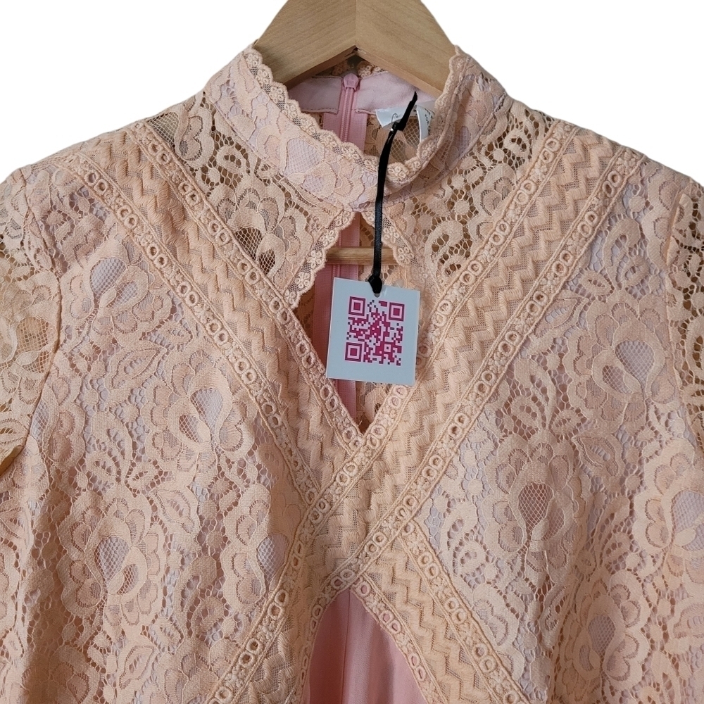 Oh Yes Flowy Lace Trim High Neck Keyhole Tunic Top Long Sleeve White New - Picture 11 of 14